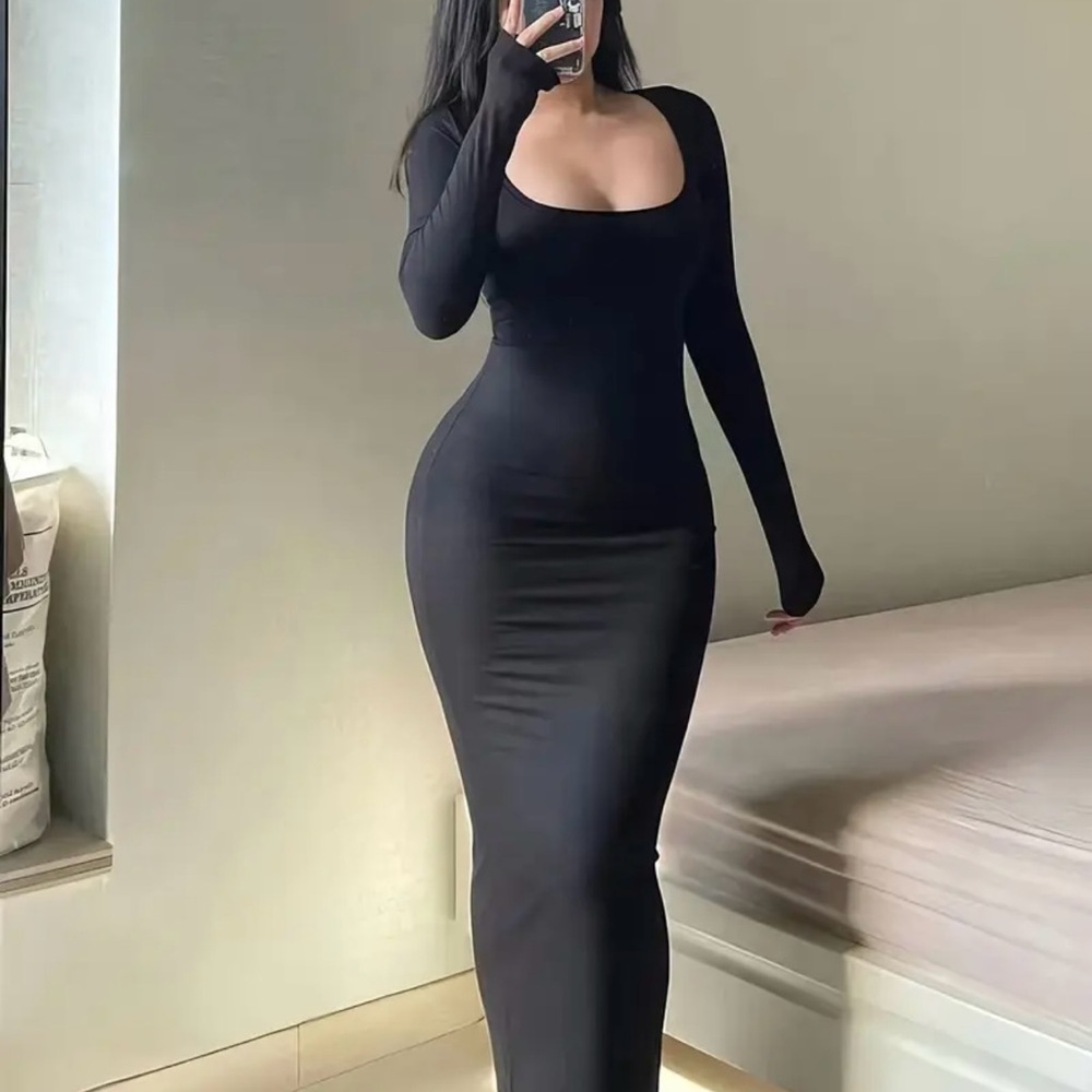 Black Asymmetrical Bodycon Scoop Neck Dress